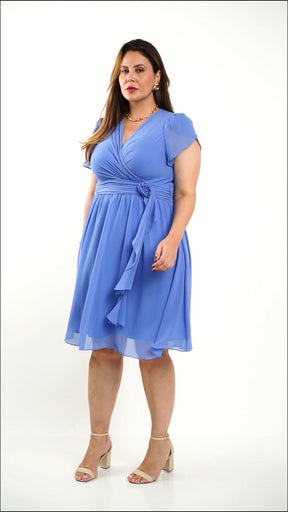 Vestido Curto Chiffon Cintura Com Flor Marinho