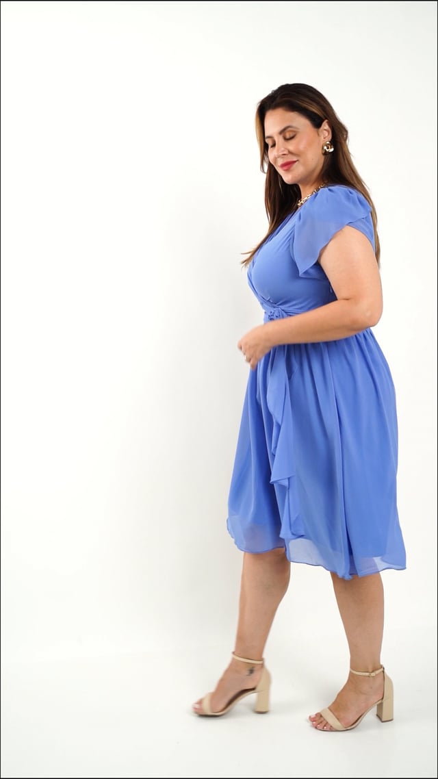 Vestido Curto Chiffon Cintura Com Flor Marinho