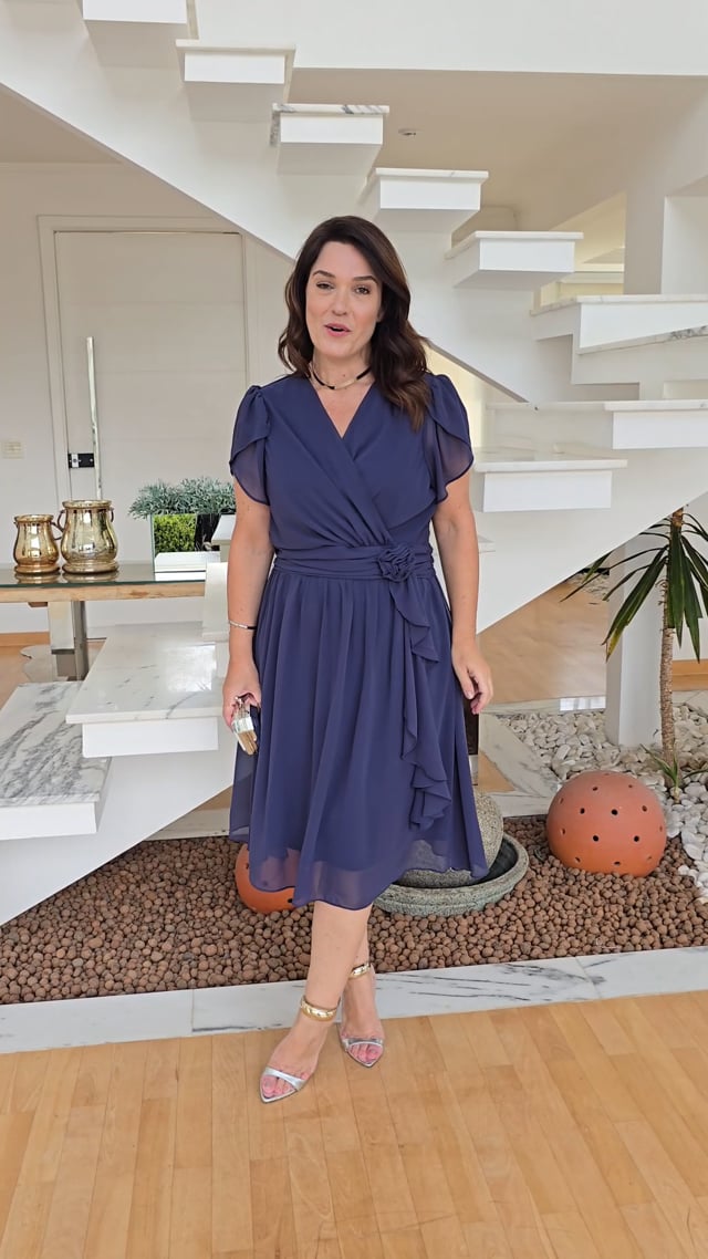 Vestido Curto Chiffon Cintura Com Flor Marinho