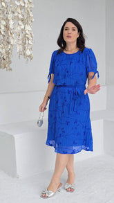 Vestido Curto Chiffon Plissado Com Bordado Azul