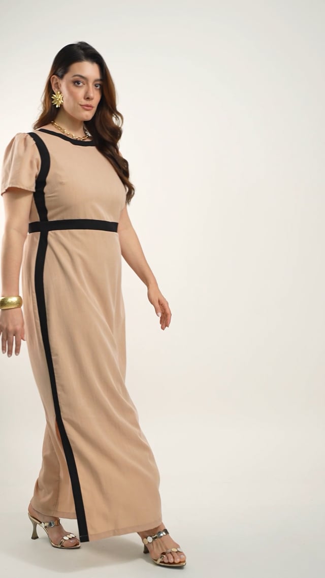 Vestido Longo Poliviscose Encorpado Bicolor Marrom