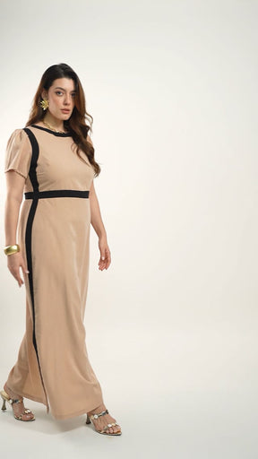 Vestido Longo Poliviscose Encorpado Bicolor Marrom