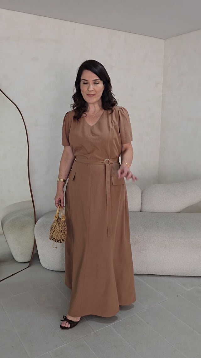 Vestido longo Viscose algodão Com Cinto Marrom