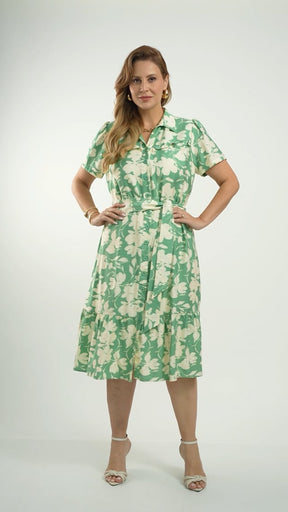 Vestido Midi Crepe Encorpado Estampado Verde